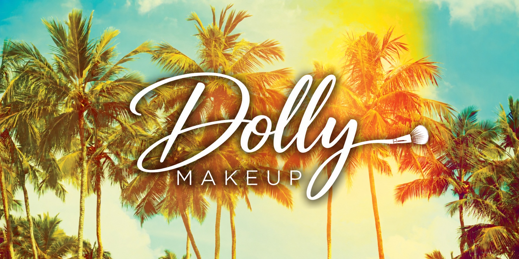 Dolly Makeup signature logo with a makeup brush and sunlit tropical palms